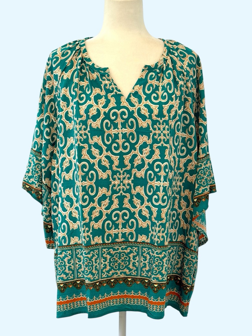 Bebonnie Teal Scroll Pattern Flowing 3/4 Sleeve Tunic ~ Women’s XXL